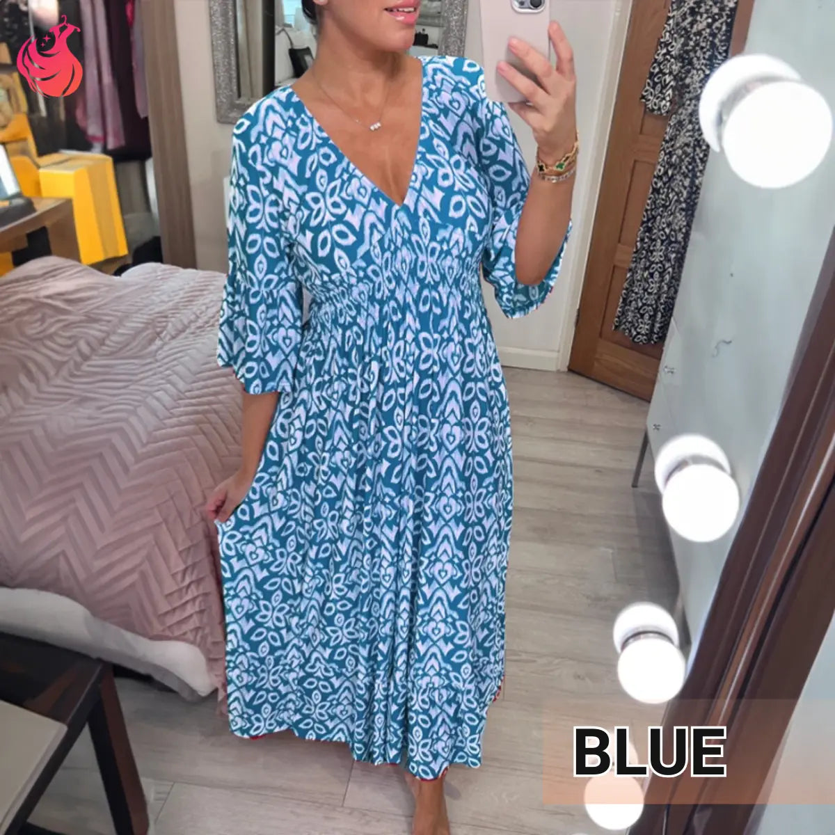Robe longue bohème décontractée à imprimé, col en V et taille froncée – Dernier jour des soldes : -70 %