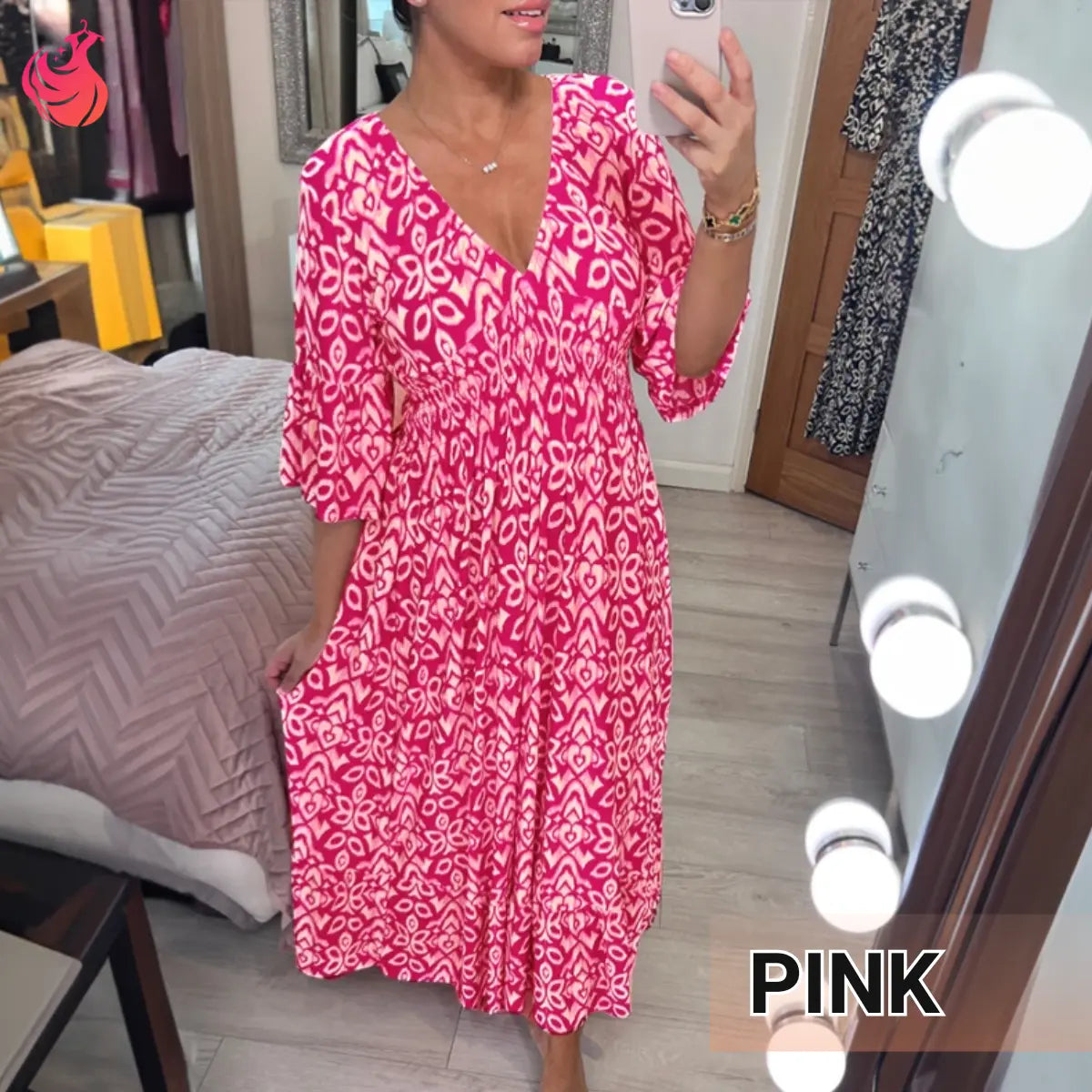 Robe longue bohème décontractée à imprimé, col en V et taille froncée – Dernier jour des soldes : -70 %