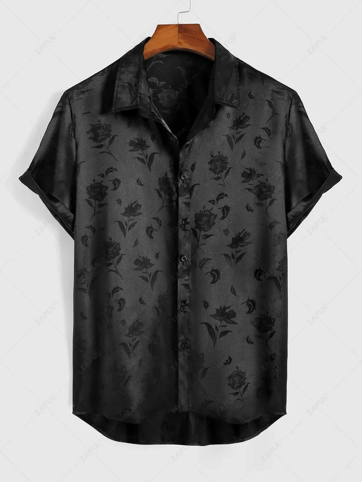 Men\'s Jacquard Silky Satin Floral Print Rose Pattern Button Front Short Sleeve Shirt And Shorts Set BLACK DEEP RED DEEP BLUE DEEP GREEN - PURECLO