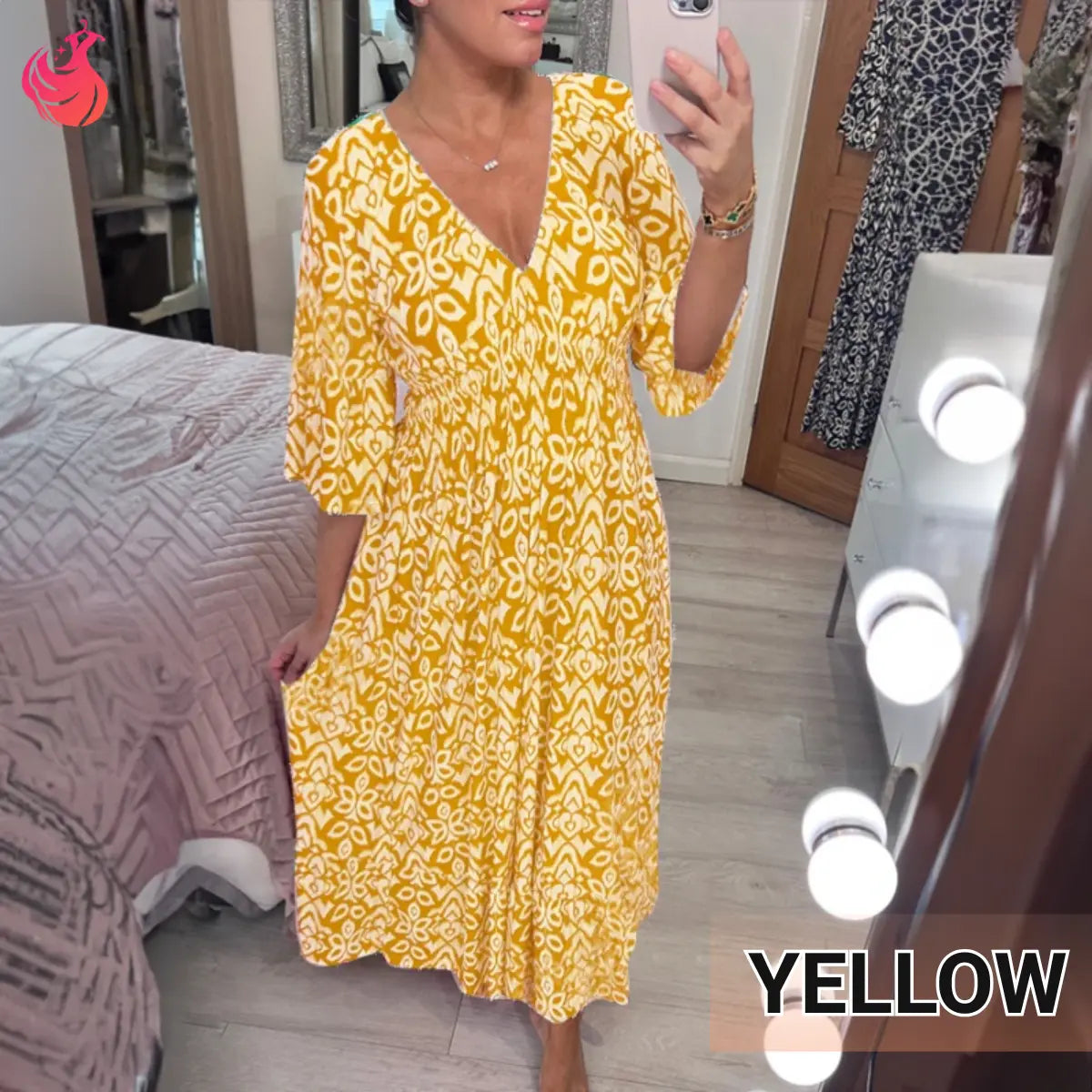 Robe longue bohème décontractée à imprimé, col en V et taille froncée – Dernier jour des soldes : -70 %