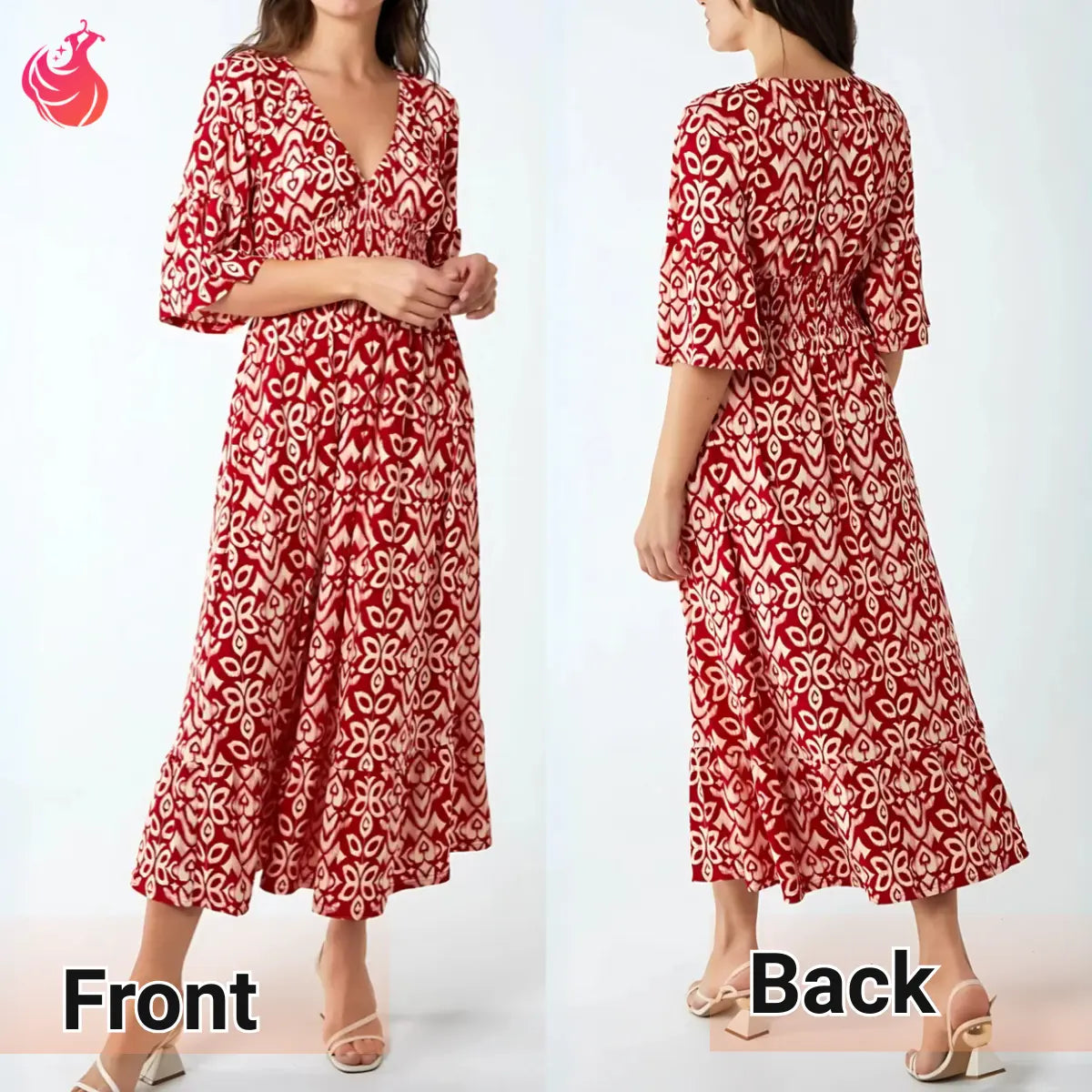 Robe longue bohème décontractée à imprimé, col en V et taille froncée – Dernier jour des soldes : -70 %
