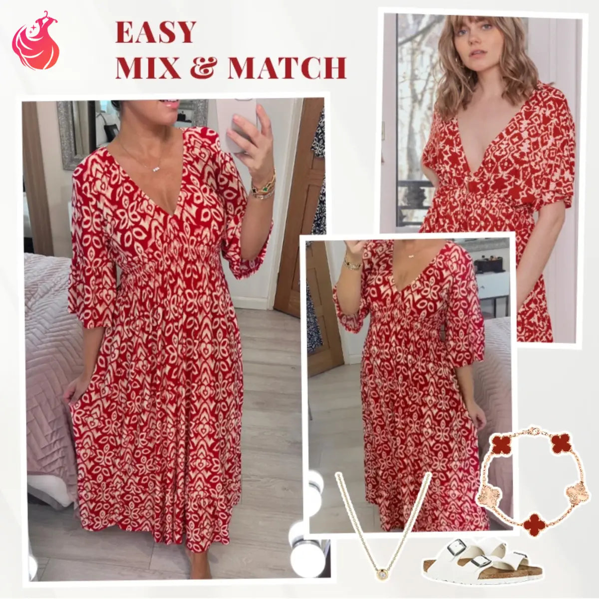 Robe longue bohème décontractée à imprimé, col en V et taille froncée – Dernier jour des soldes : -70 %