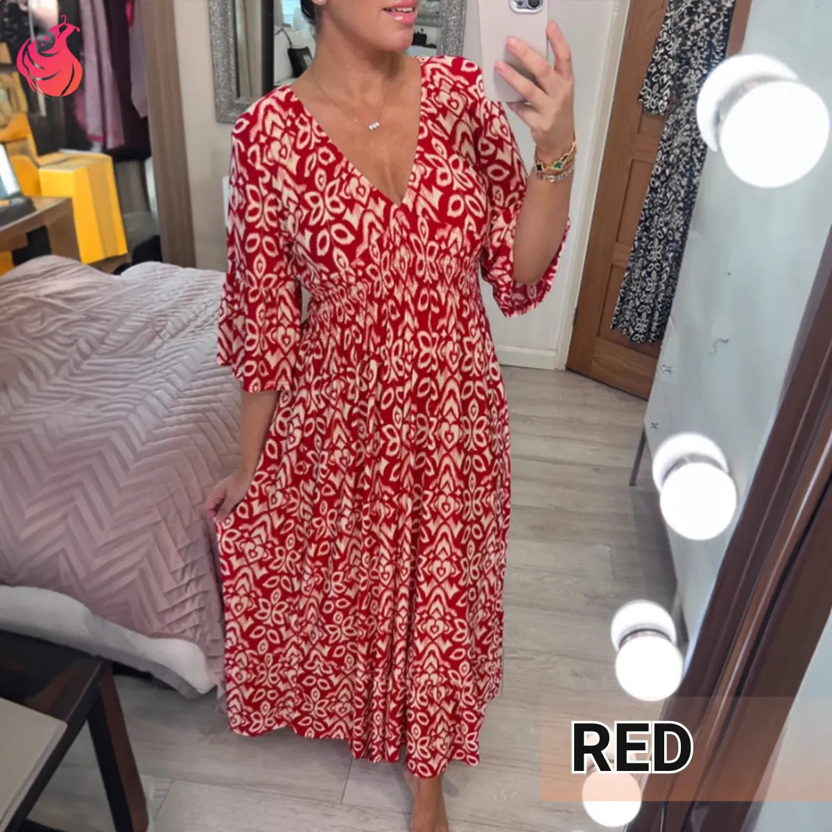 Robe longue bohème décontractée à imprimé, col en V et taille froncée – Dernier jour des soldes : -70 % 