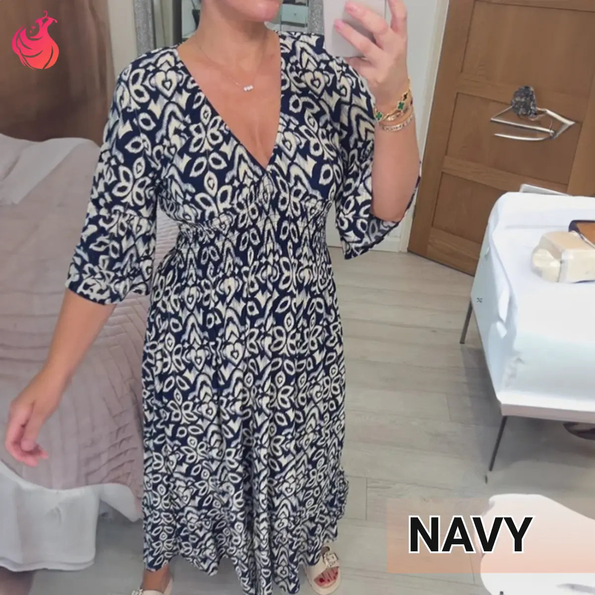 Robe longue bohème décontractée à imprimé, col en V et taille froncée – Dernier jour des soldes : -70 % 