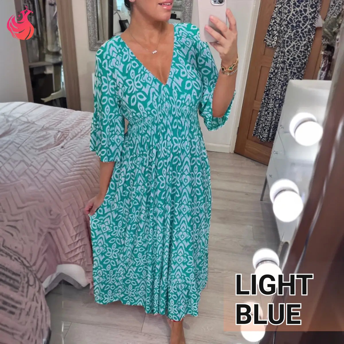 Robe longue bohème décontractée à imprimé, col en V et taille froncée – Dernier jour des soldes : -70 % 