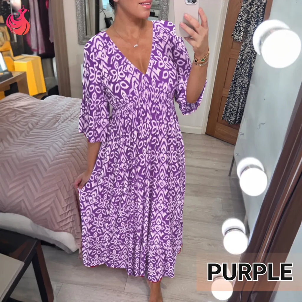 Robe longue bohème décontractée à imprimé, col en V et taille froncée – Dernier jour des soldes : -70 % 