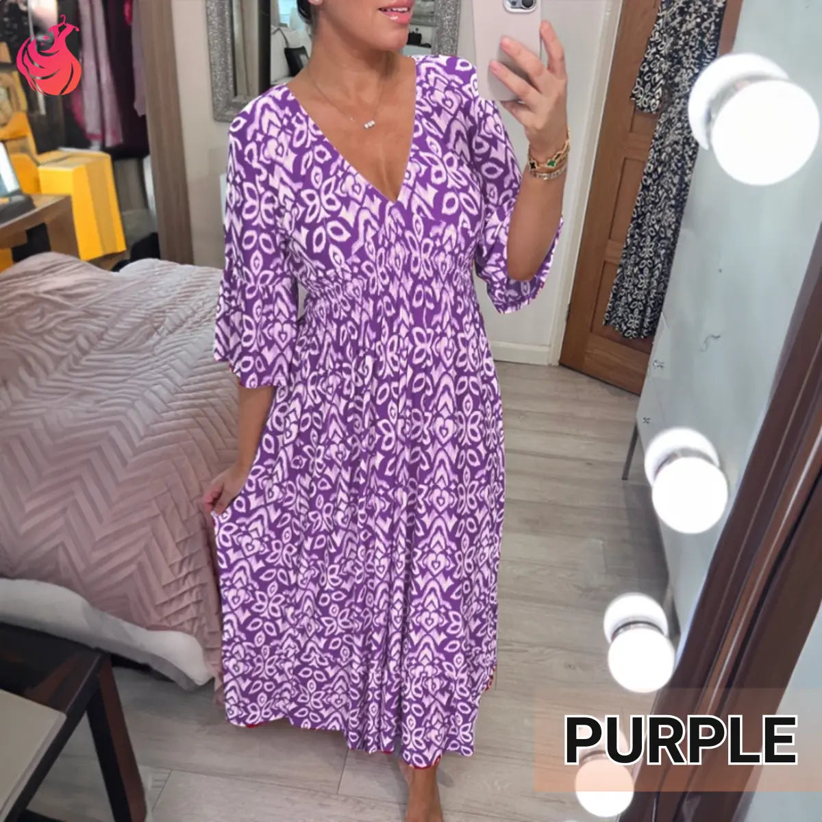 Robe longue bohème décontractée à imprimé, col en V et taille froncée – Dernier jour des soldes : -70 % 