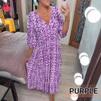 Robe longue bohème décontractée à imprimé, col en V et taille froncée – Dernier jour des soldes : -70 % 