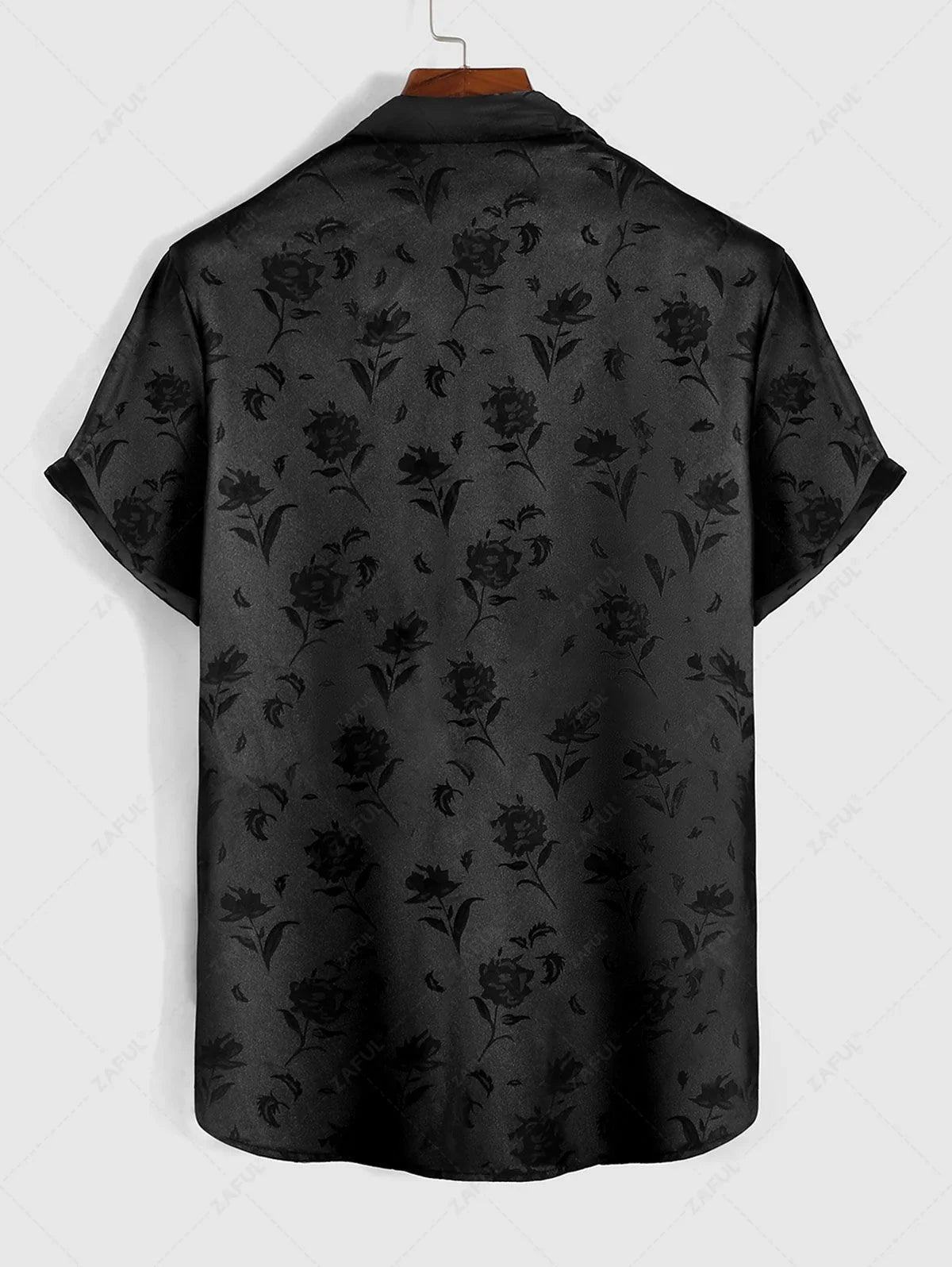 Men\'s Jacquard Silky Satin Floral Print Rose Pattern Button Front Short Sleeve Shirt And Shorts Set BLACK DEEP RED DEEP BLUE DEEP GREEN - PURECLO