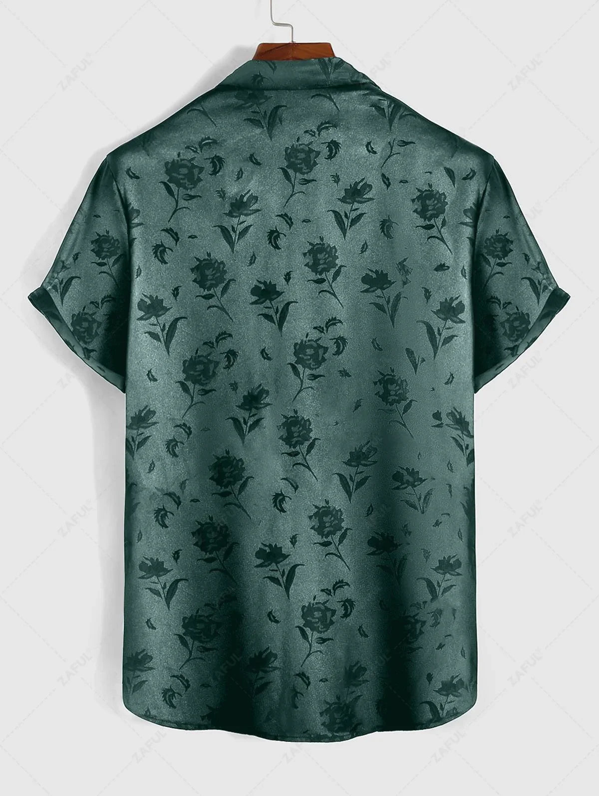 Men\'s Jacquard Silky Satin Floral Print Rose Pattern Button Front Short Sleeve Shirt And Shorts Set BLACK DEEP RED DEEP BLUE DEEP GREEN - PURECLO