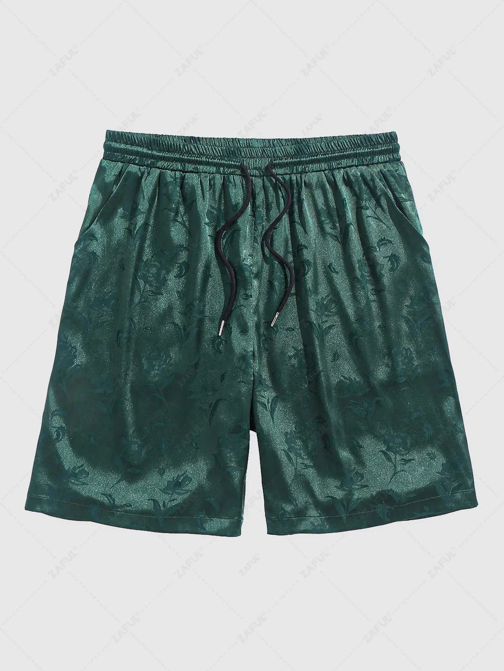 Men\'s Jacquard Silky Satin Floral Print Rose Pattern Button Front Short Sleeve Shirt And Shorts Set BLACK DEEP RED DEEP BLUE DEEP GREEN - PURECLO
