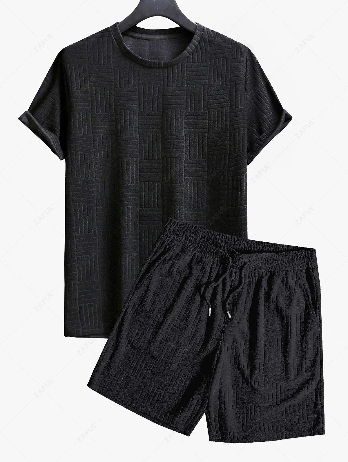 Jacquard Terry Cloth Textured Short Sleeves T Shirt With Shorts Two Piece Set BLACK LIGHT BLUE LIGHT COFFEE WHITE - PURECLO