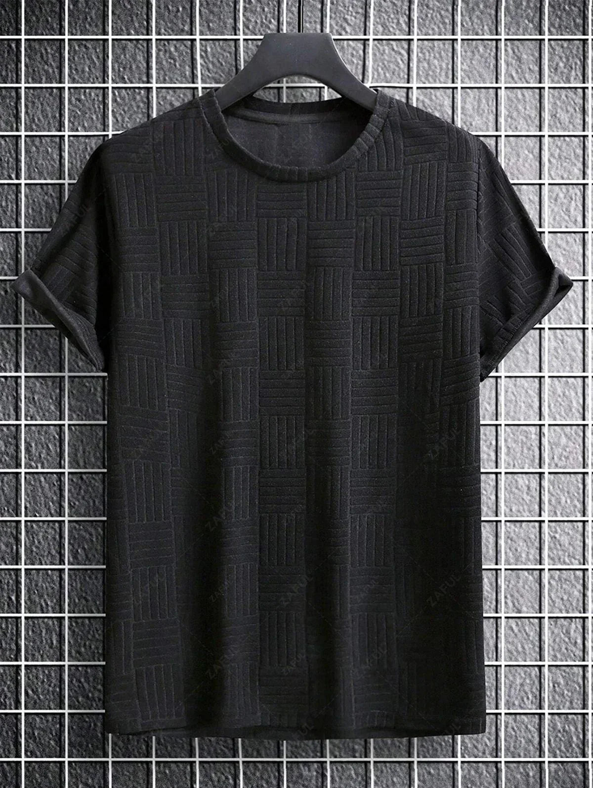 Jacquard Terry Cloth Textured Short Sleeves T Shirt With Shorts Two Piece Set BLACK LIGHT BLUE LIGHT COFFEE WHITE - PURECLO