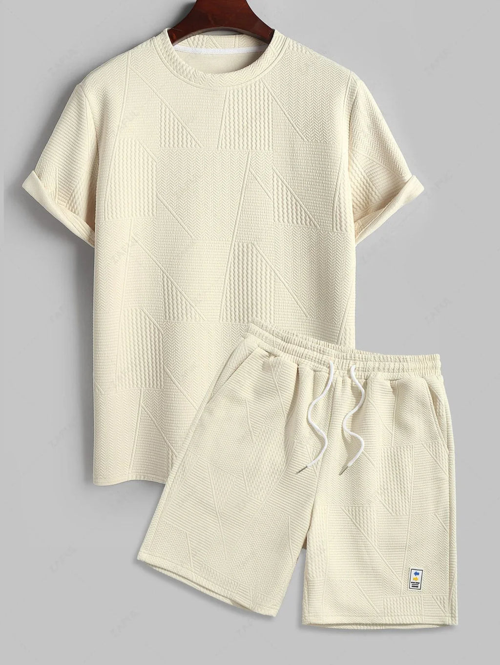 Geometric Textured Short Sleeves Basic T-shirt and Basic Drawstring Shorts Set LIGHT YELLOW COFFEE BLACK WHITE - PURECLO