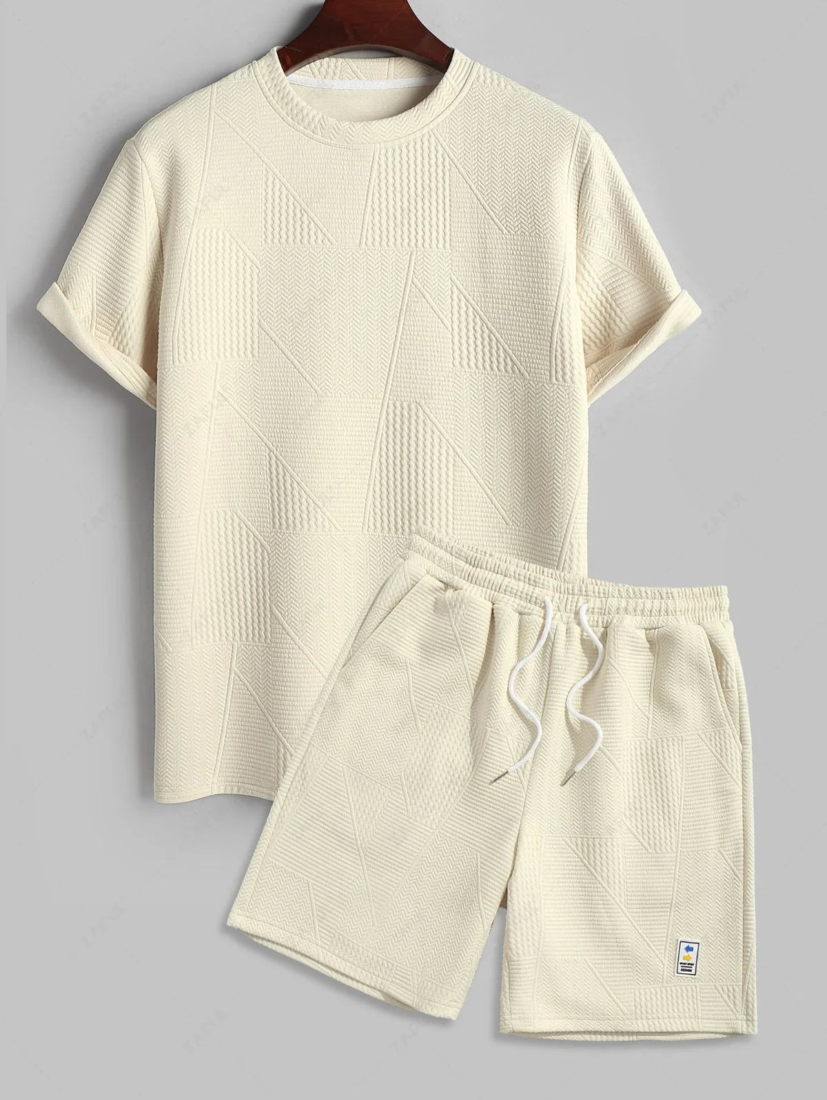 Geometric Textured Short Sleeves Basic T-shirt and Basic Drawstring Shorts Set   LIGHT YELLOW COFFEE BLACK WHITE