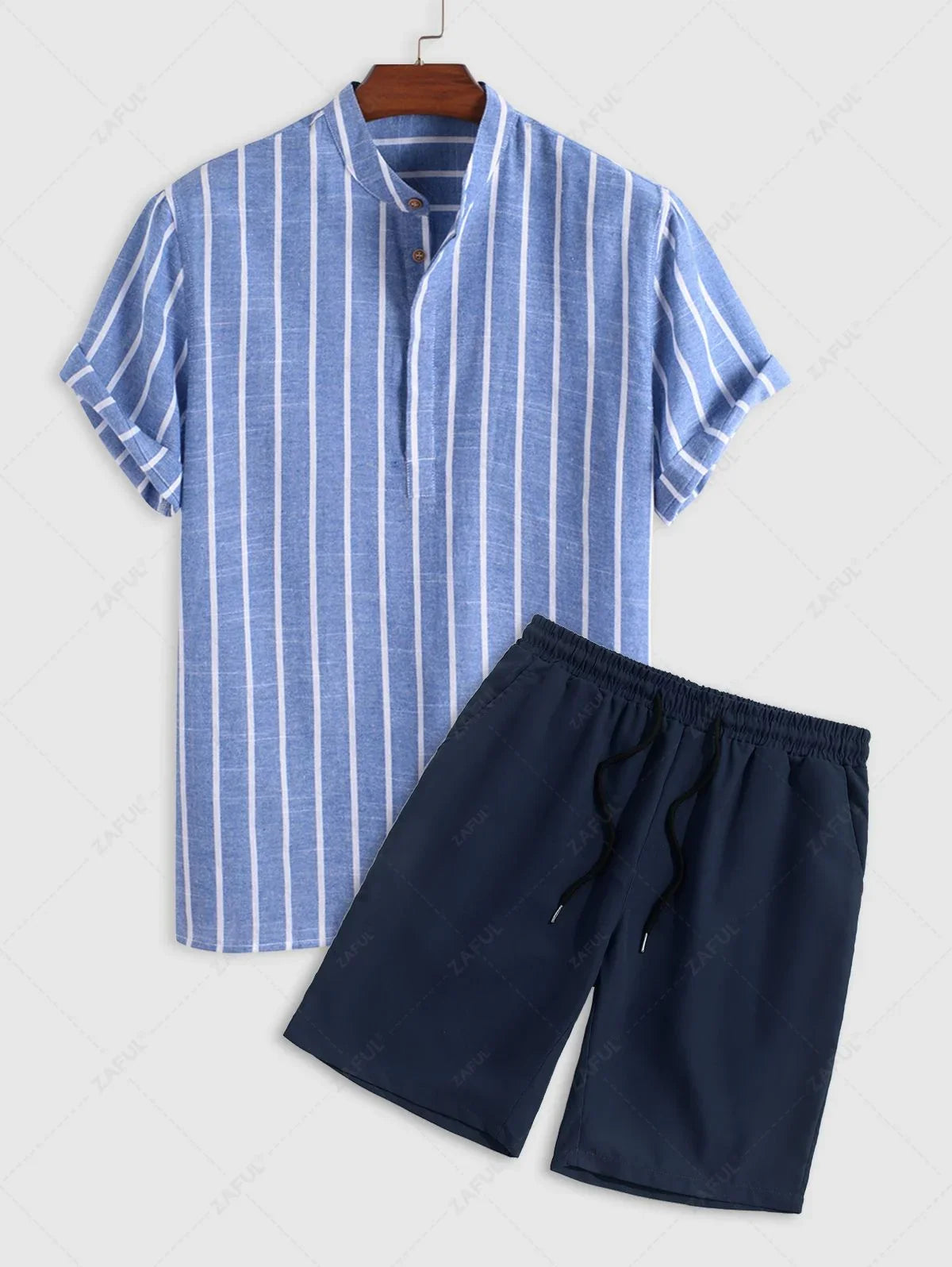 Men\'s Half Buttoned Casual Vertical Striped Office Pullover Shirt and Basic Casual Shorts Set   BLUE WHITE