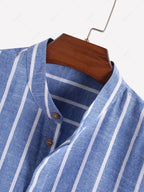 Men\'s Half Buttoned Casual Vertical Striped Office Pullover Shirt and Basic Casual Shorts Set BLUE WHITE - PURECLO