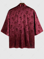 Men\'s Two Piece Outfits Silky Satin Rose Printed Open Front Kimono Shirt and Casual Shorts Set DEEP RED BLACK - PURECLO