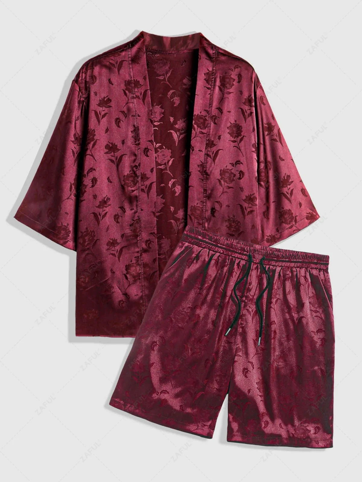 Men\'s Two Piece Outfits Silky Satin Rose Printed Open Front Kimono Shirt and Casual Shorts Set   DEEP RED BLACK