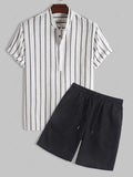 Men\'s Half Buttoned Casual Vertical Striped Office Pullover Shirt and Basic Casual Shorts Set BLUE WHITE - PURECLO