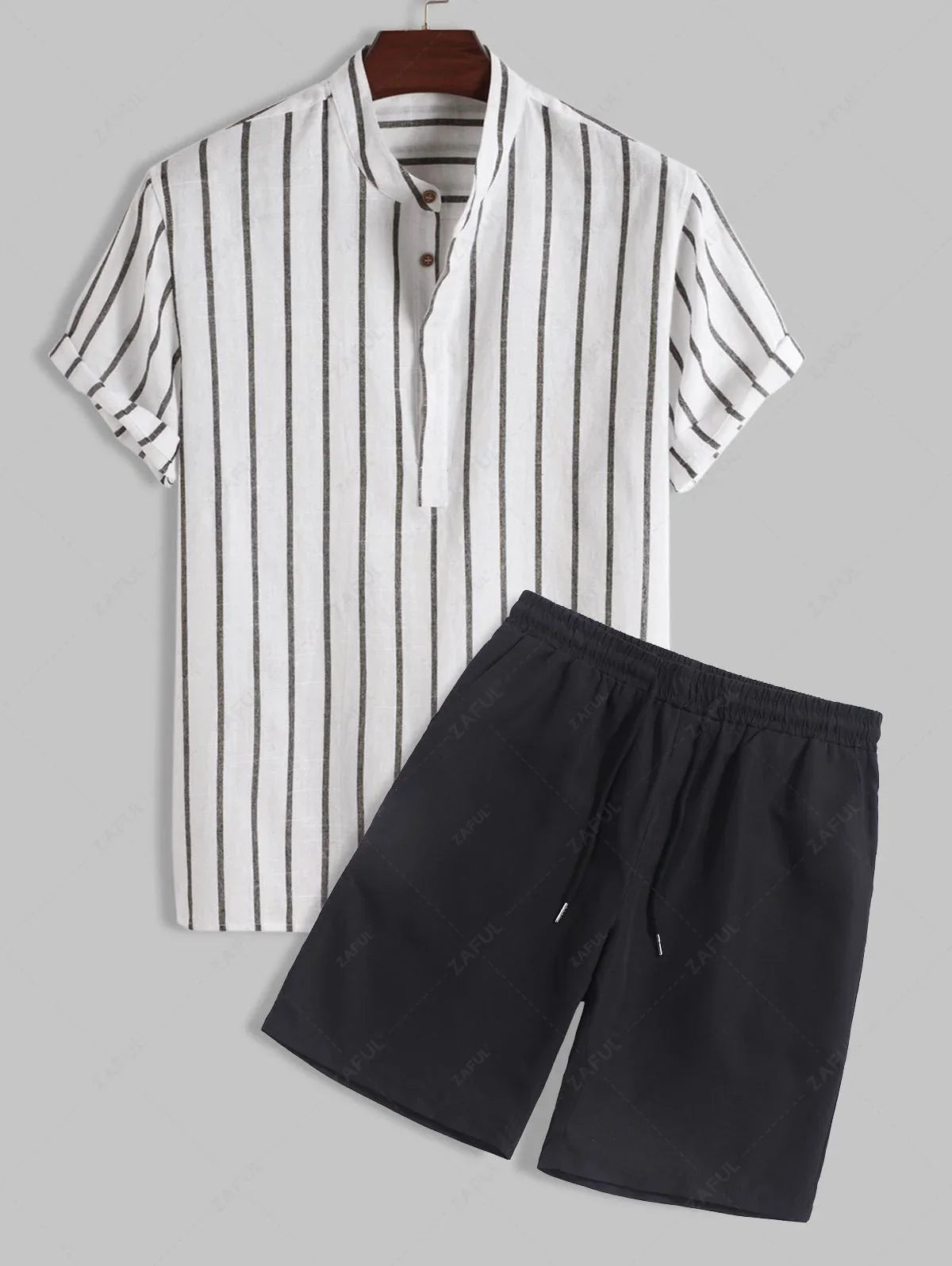Men\'s Half Buttoned Casual Vertical Striped Office Pullover Shirt and Basic Casual Shorts Set   BLUE WHITE