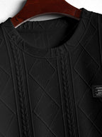 ZAFUL Men\'s Matching Two Piece Co Ord Crew Neck Short Sleeves Cable Geometric Jacquard Textured T-shirt and Drawstring Casual Shorts Set BLACK WHITE - PURECLO