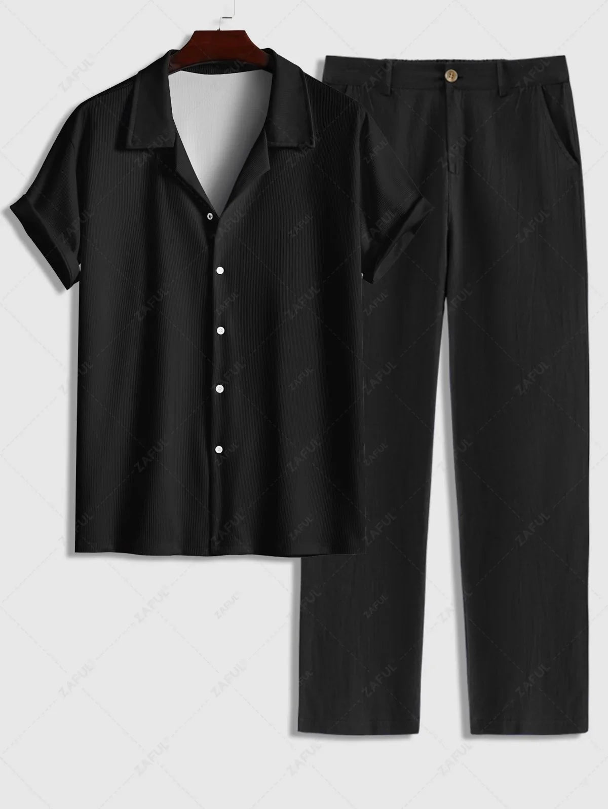 Men\'s Solid Color Ribbed Camp Collar Button Up Short Sleeves Shirt and Cotton and Linen Straight Leg Pants Set   BLACK MULTI WHITE