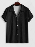 Men\'s Solid Color Ribbed Camp Collar Button Up Short Sleeves Shirt and Cotton and Linen Straight Leg Pants Set BLACK MULTI WHITE - PURECLO