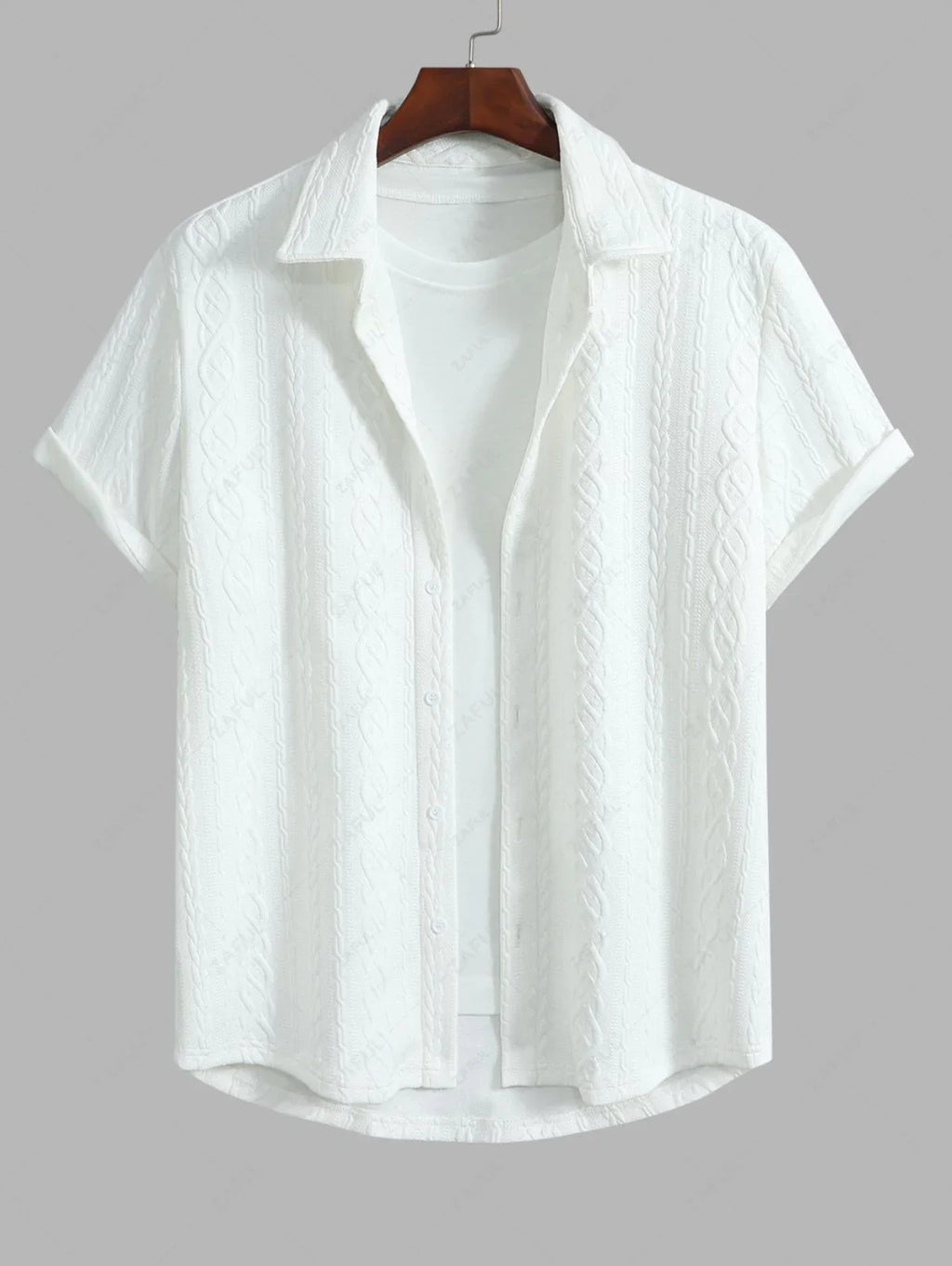 Men\'s Solid Color Cable Knit Jacquard Textured Button Up Short Sleeves Shirt And Drawstring Shorts Set WHITE BLACK COFFEE - PURECLO