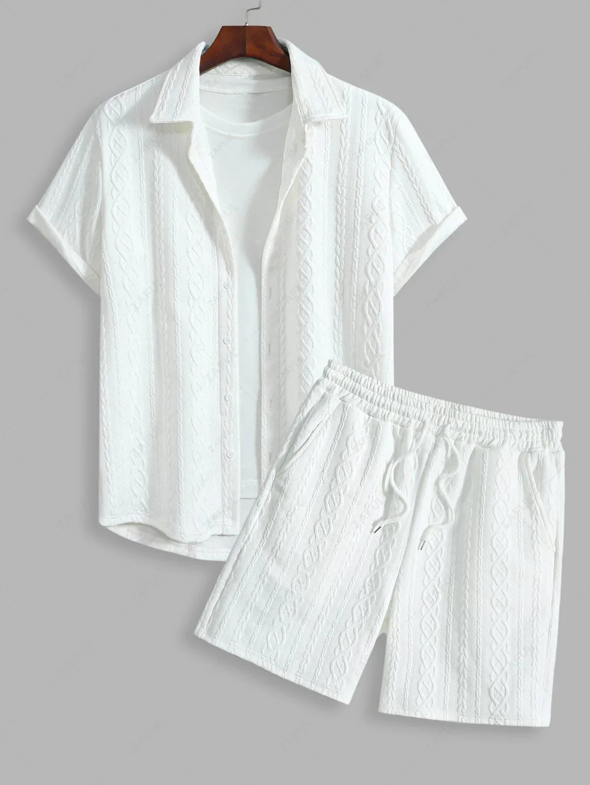 Men\'s Solid Color Cable Knit Jacquard Textured Button Up Short Sleeves Shirt And Drawstring Shorts Set   WHITE BLACK COFFEE