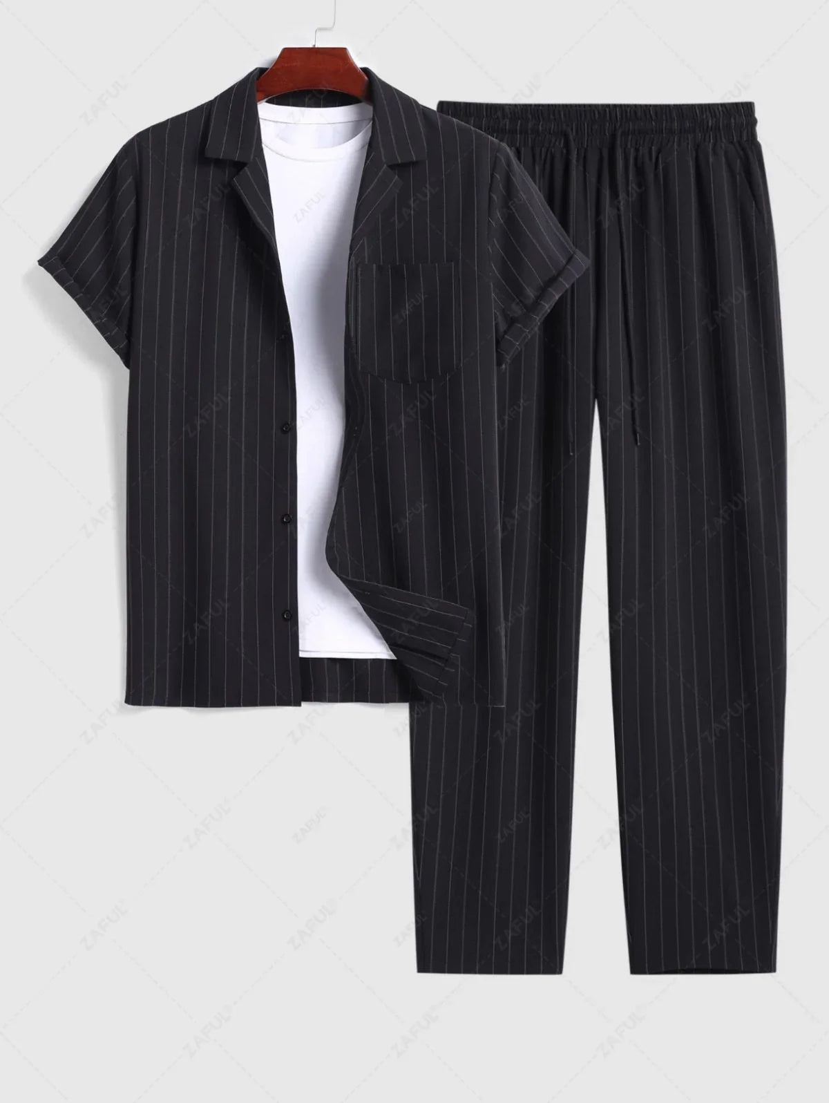 Men\'s Casual Pinstripe Pocket Design Camp Collar Button Up Short Sleeves Shirt And Drawstring Straight Leg Pants Set   BLACK