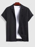 Men\'s Casual Pinstripe Pocket Design Camp Collar Button Up Short Sleeves Shirt And Drawstring Straight Leg Pants Set BLACK - PURECLO