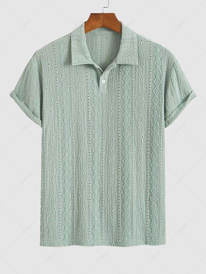 Men\'s Solid Color Textured Openwork Polo Collar Half Buttoned Short Sleeves Shirt   LIGHT GREEN DEEP COFFEE