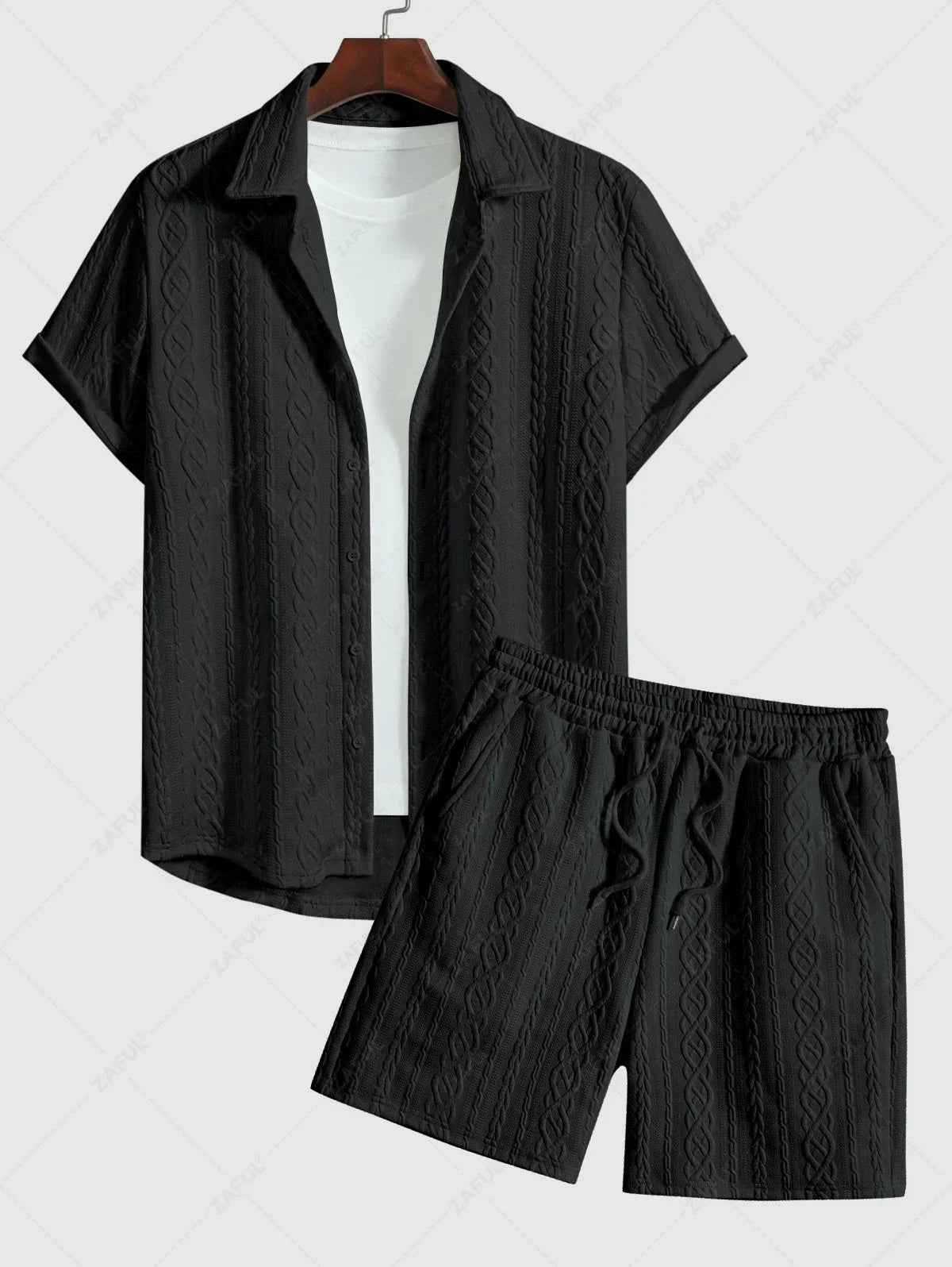 Men\'s Solid Color Cable Knit Jacquard Textured Button Up Short Sleeves Shirt And Drawstring Shorts Set   WHITE BLACK COFFEE