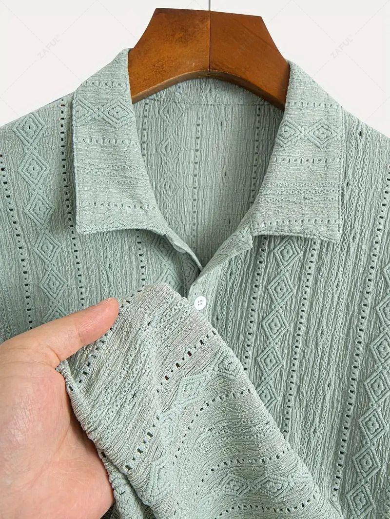 Men\'s Casual Textured Openwork Polo Collar Half Buttoned Short Sleeves Shirt And Cotton and Linen Straight Leg Pants Set LIGHT GREEN COFFEE - PURECLO