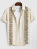 Men\'s Vintage Geometric Floral Leaves Shaped Embroidered Woven Tape Patched Button Up Short Sleeves Shirt APRICOT - PURECLO