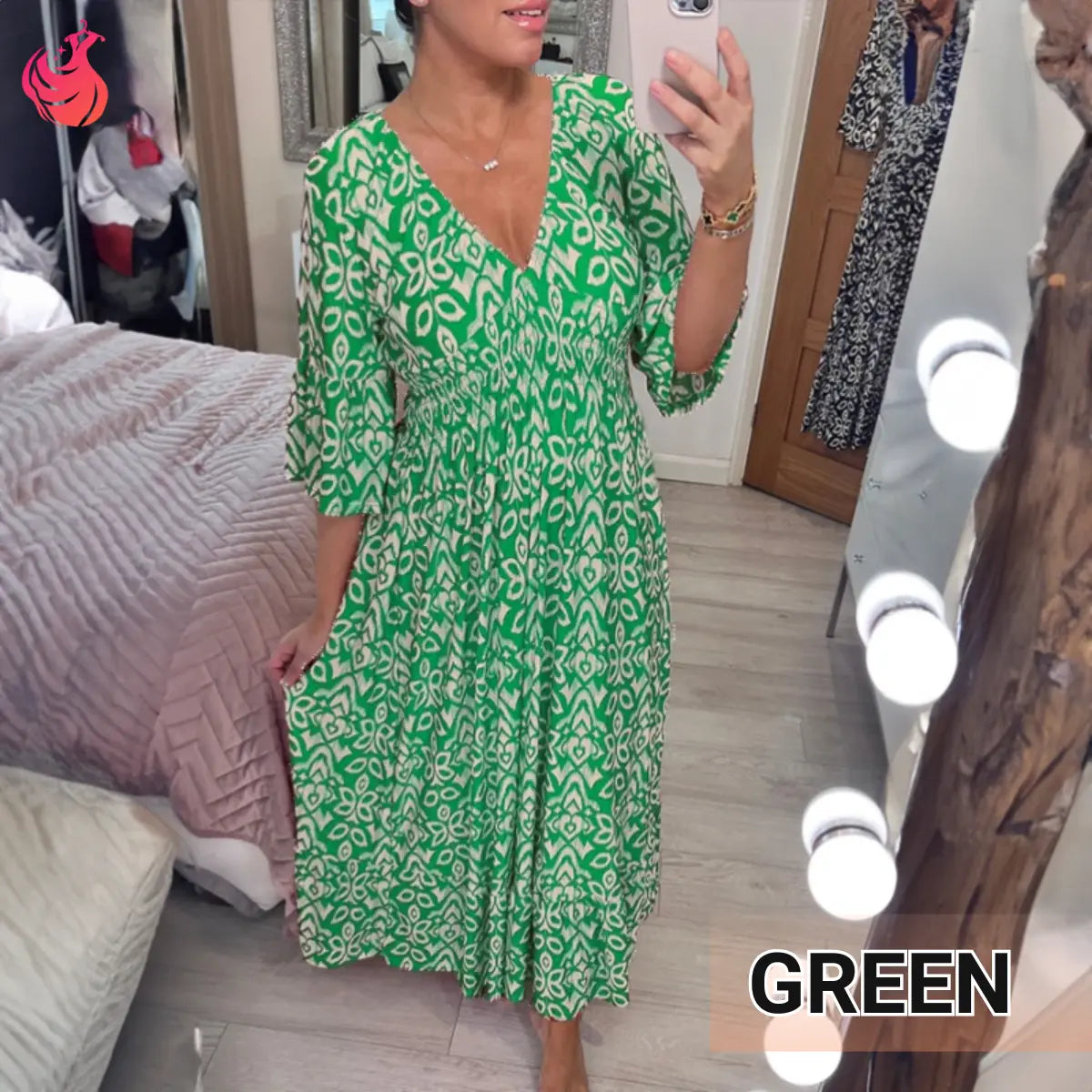 Robe longue bohème décontractée à imprimé, col en V et taille froncée – Dernier jour des soldes : -70 % 