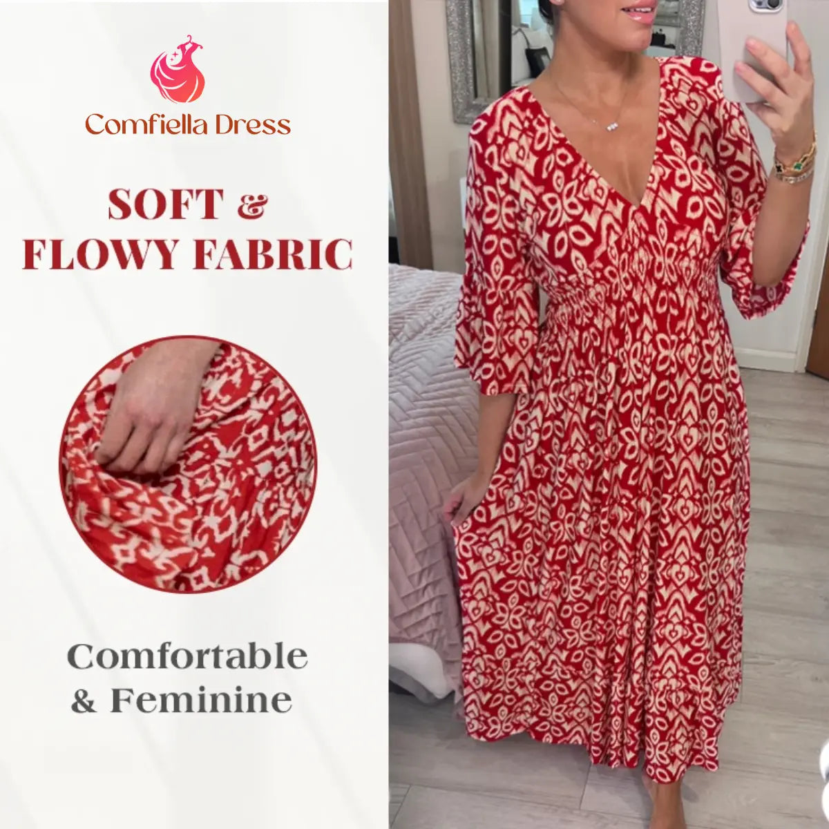 Robe longue bohème décontractée à imprimé, col en V et taille froncée – Dernier jour des soldes : -70 % 
