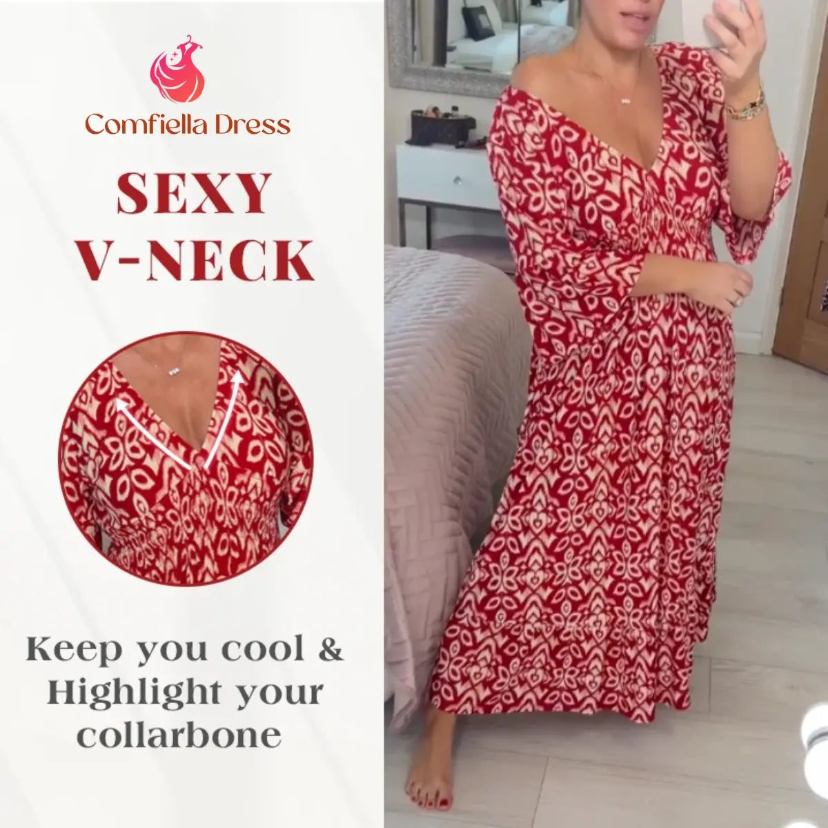 Robe longue bohème décontractée à imprimé, col en V et taille froncée – Dernier jour des soldes : -70 % 