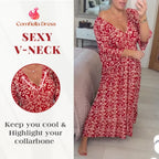 Robe longue bohème décontractée à imprimé, col en V et taille froncée – Dernier jour des soldes : -70 % 