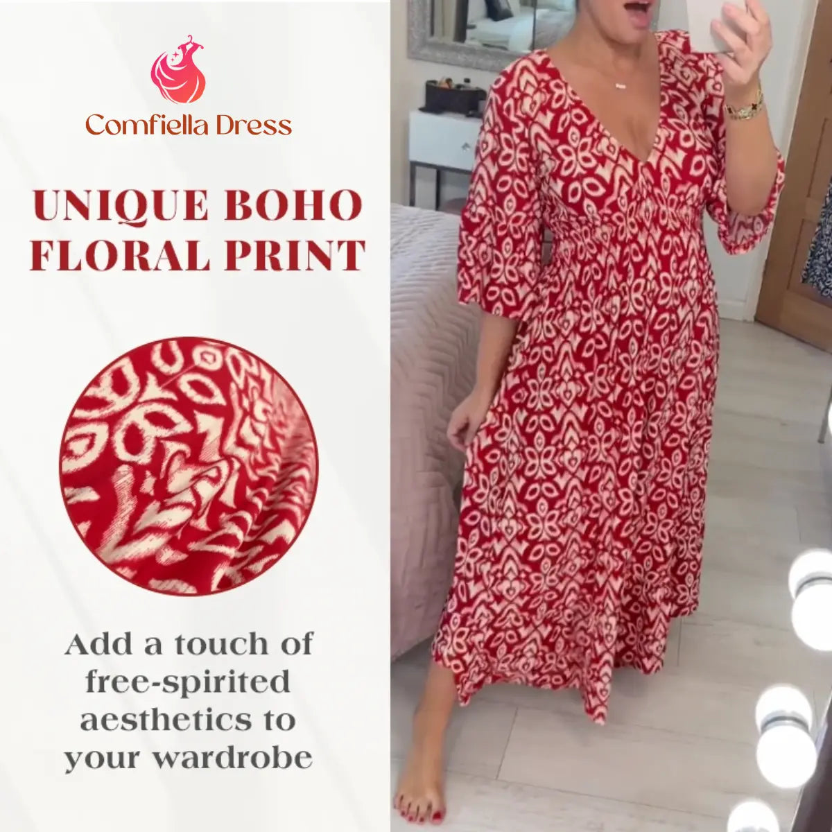 Robe longue bohème décontractée à imprimé, col en V et taille froncée – Dernier jour des soldes : -70 % 