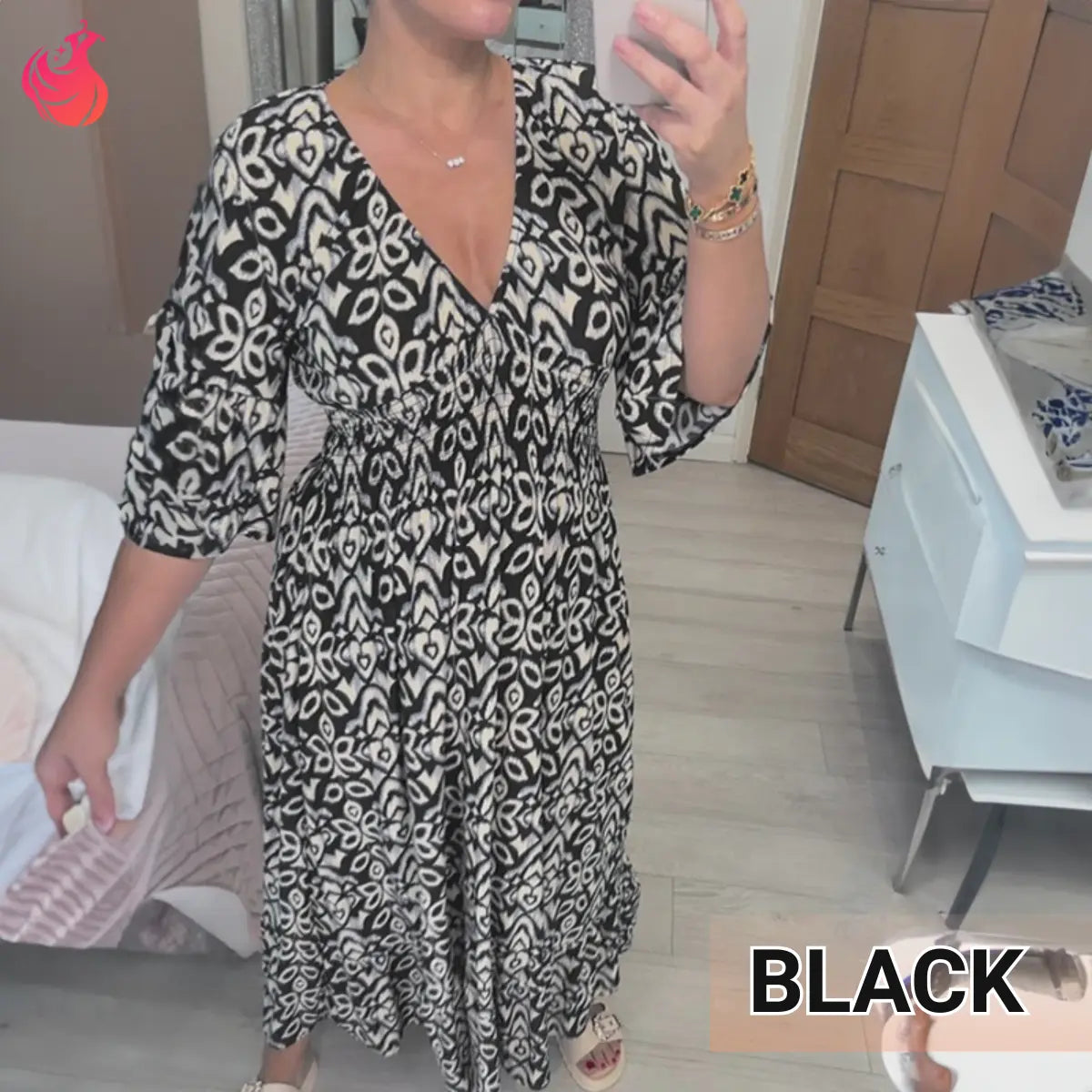 Robe longue bohème décontractée à imprimé, col en V et taille froncée – Dernier jour des soldes : -70 % 