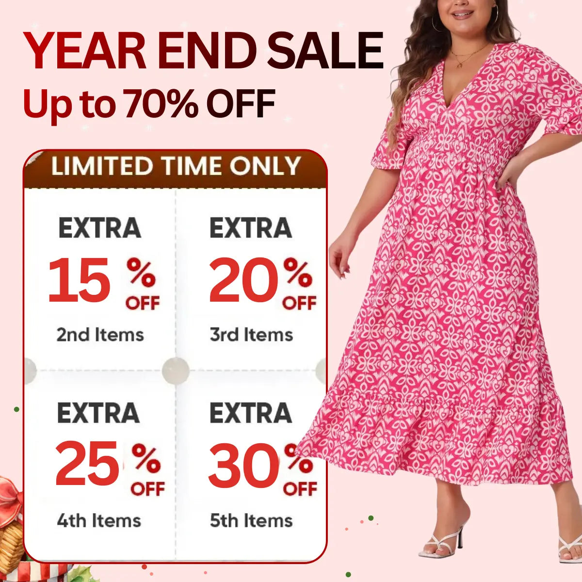 Robe longue bohème décontractée à imprimé, col en V et taille froncée – Dernier jour des soldes : -70 % 