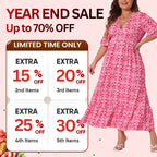 Robe longue bohème décontractée à imprimé, col en V et taille froncée – Dernier jour des soldes : -70 % 